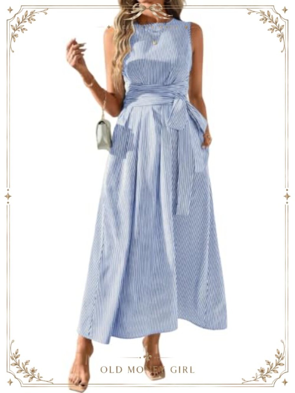 Sleeveless Cotton Striped Maxi Dress Tie Waist Pocket Beach Sundress